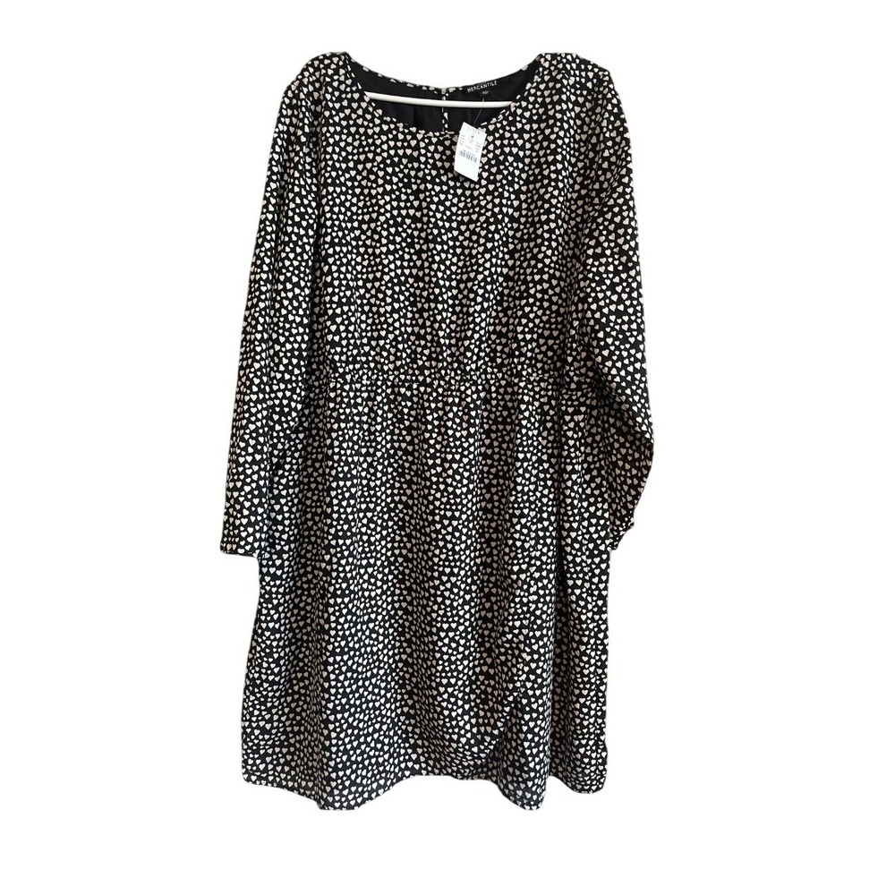 J.Crew Mercantile Dress Womens 22 Black White Heart Print‎ Long Sleeve Plus